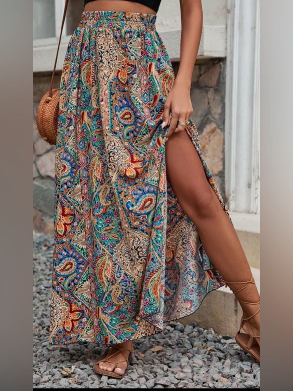 Multicolor Paisley Maxi Skirt with Side Slit
